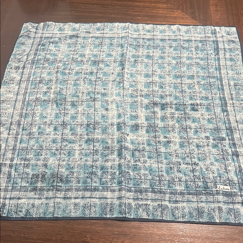 VINTAGE SILK  Echo Teal and White Checkered Scarf